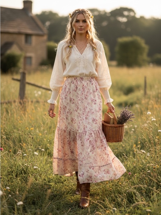 Storia Dresses & Skirts - Romantic Cottagecore Cream Skirt with Pink Floral Print